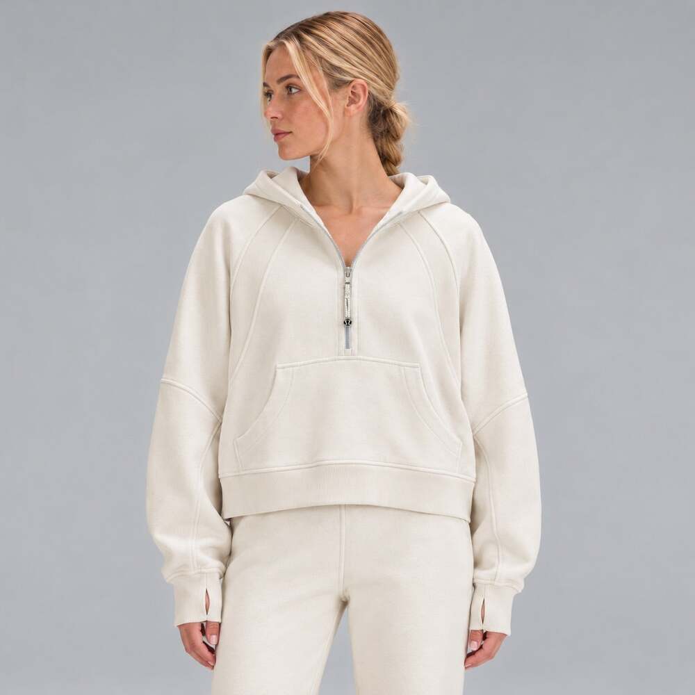 Lululemon Ivory Scuba Oversized 1/2 Zip Hoodie Cropped Athleisure Sweatshirt M/L